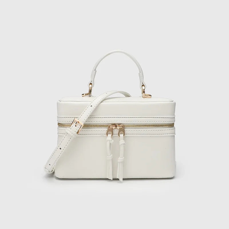 Feminine Spanish-Style Square Handbag - White Cross-Stitch PU Leather Shoulder Bag