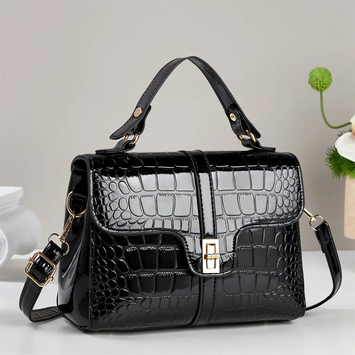 Women's Premium Crocodile-Embossed Shoulder Handbag - Classic Elegant PU Leather
