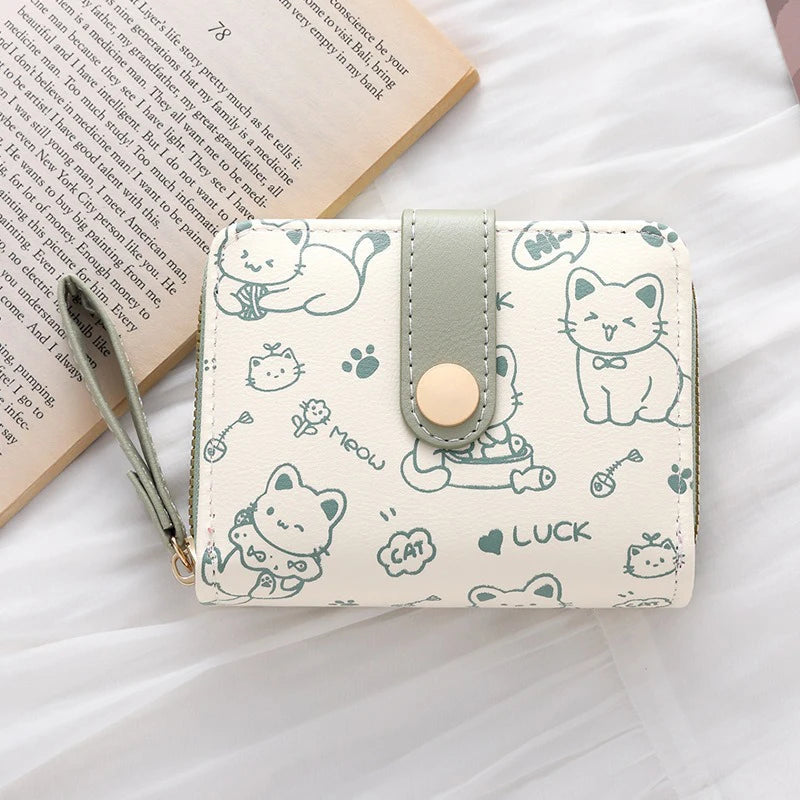 Women's Playful Cat Card Wallet - Compact Zip Coin Purse