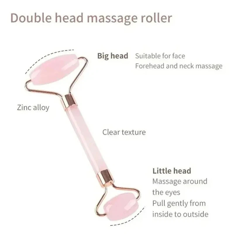 Natural Jade Roller & Gua Sha Set - Rose Quartz Face Massage Tool