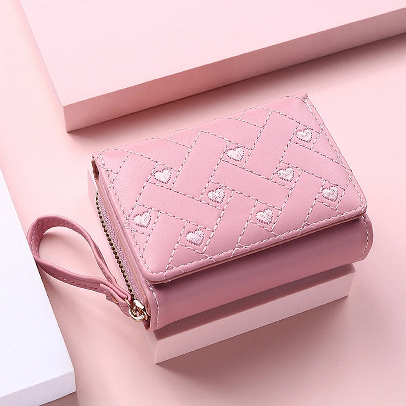 Women's Tri-Fold Wallet - Embroidered Love Pattern PU Leather Card Holder