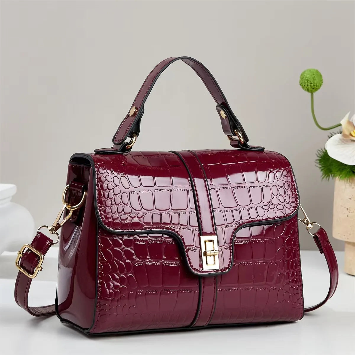 Women's Premium Crocodile-Embossed Shoulder Handbag - Classic Elegant PU Leather