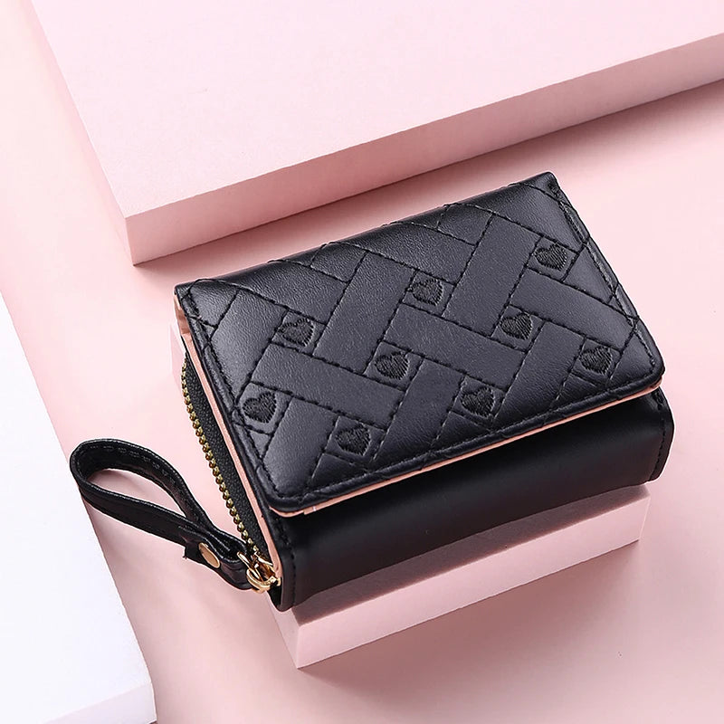 Women's Tri-Fold Wallet - Embroidered Love Pattern PU Leather Card Holder