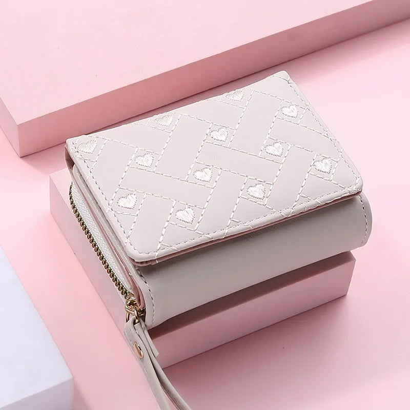 Women's Tri-Fold Wallet - Embroidered Love Pattern PU Leather Card Holder