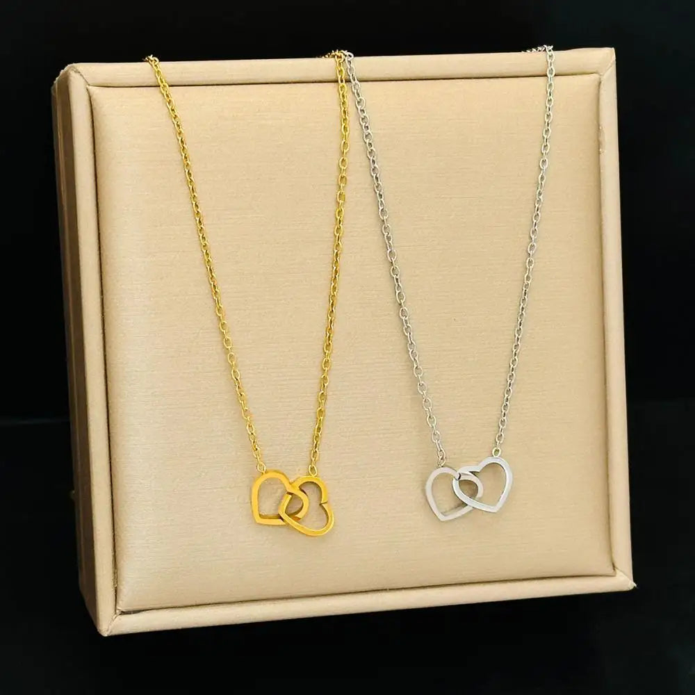 Intertwined Hearts Pendant Necklace - Stainless Steel Clavicle Chain