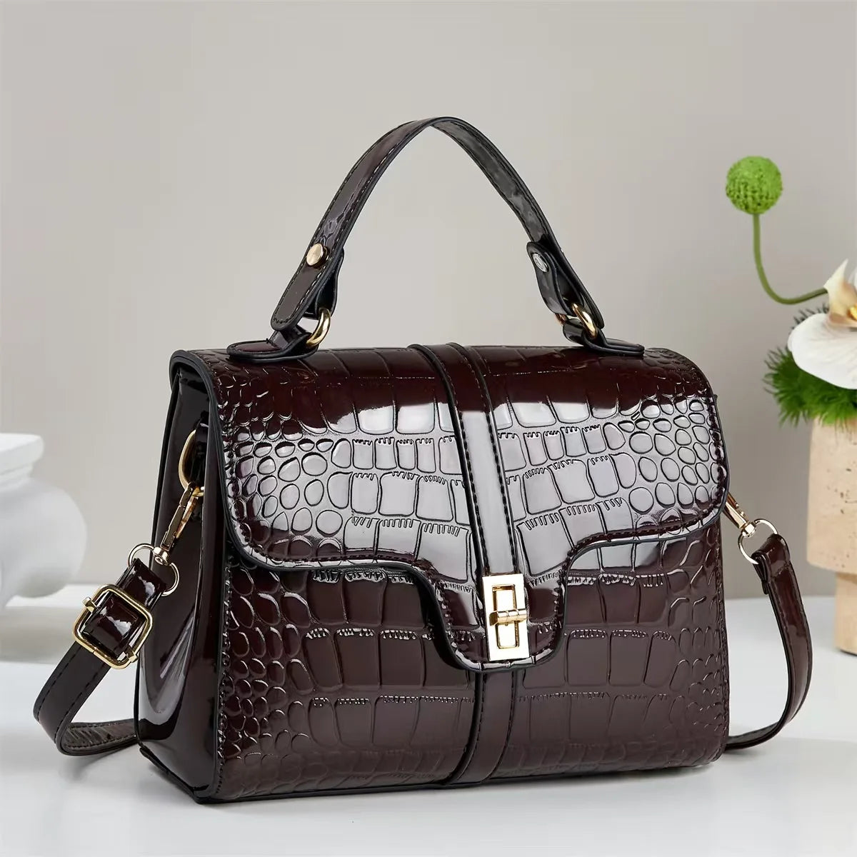 Women's Premium Crocodile-Embossed Shoulder Handbag - Classic Elegant PU Leather