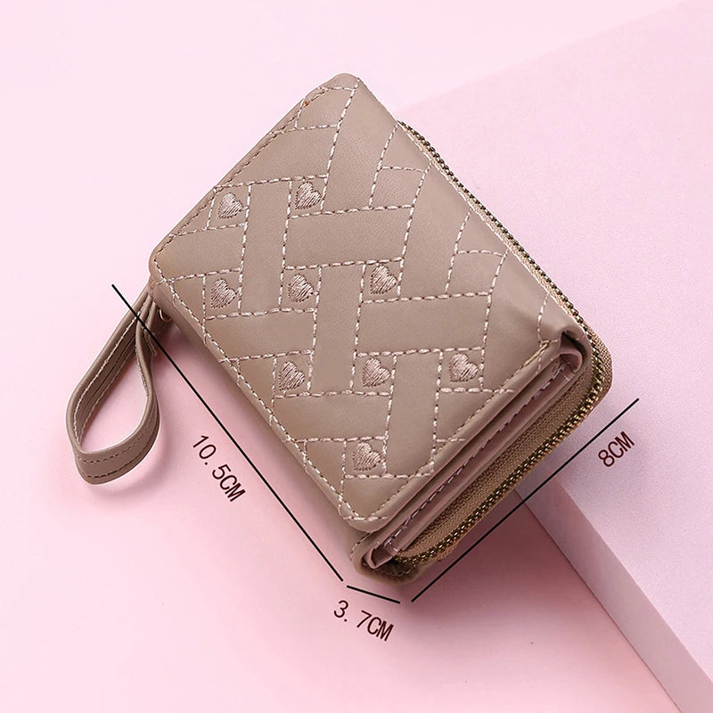 Women's Tri-Fold Wallet - Embroidered Love Pattern PU Leather Card Holder