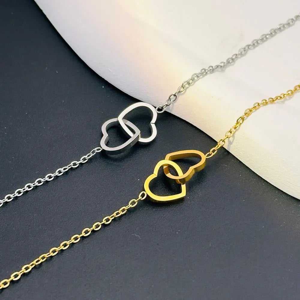 Intertwined Hearts Pendant Necklace - Stainless Steel Clavicle Chain