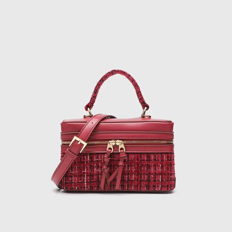 Feminine Spanish-Style Square Handbag - Brown Cross-Stitch PU Leather Shoulder Bag