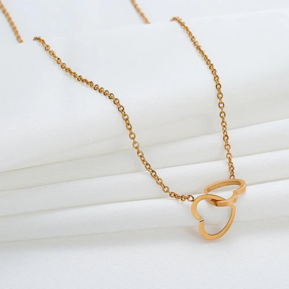 Intertwined Hearts Pendant Necklace - Stainless Steel Clavicle Chain