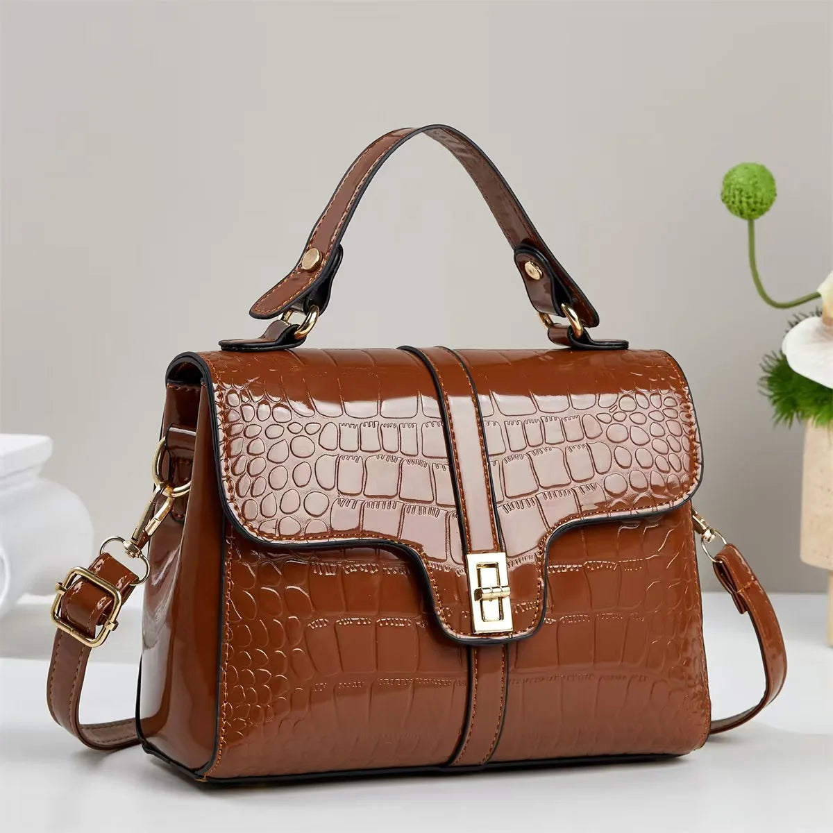 Women's Premium Crocodile-Embossed Shoulder Handbag - Classic Elegant PU Leather