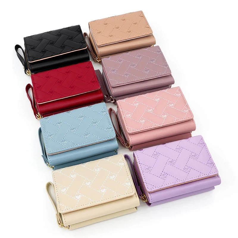 Women's Tri-Fold Wallet - Embroidered Love Pattern PU Leather Card Holder