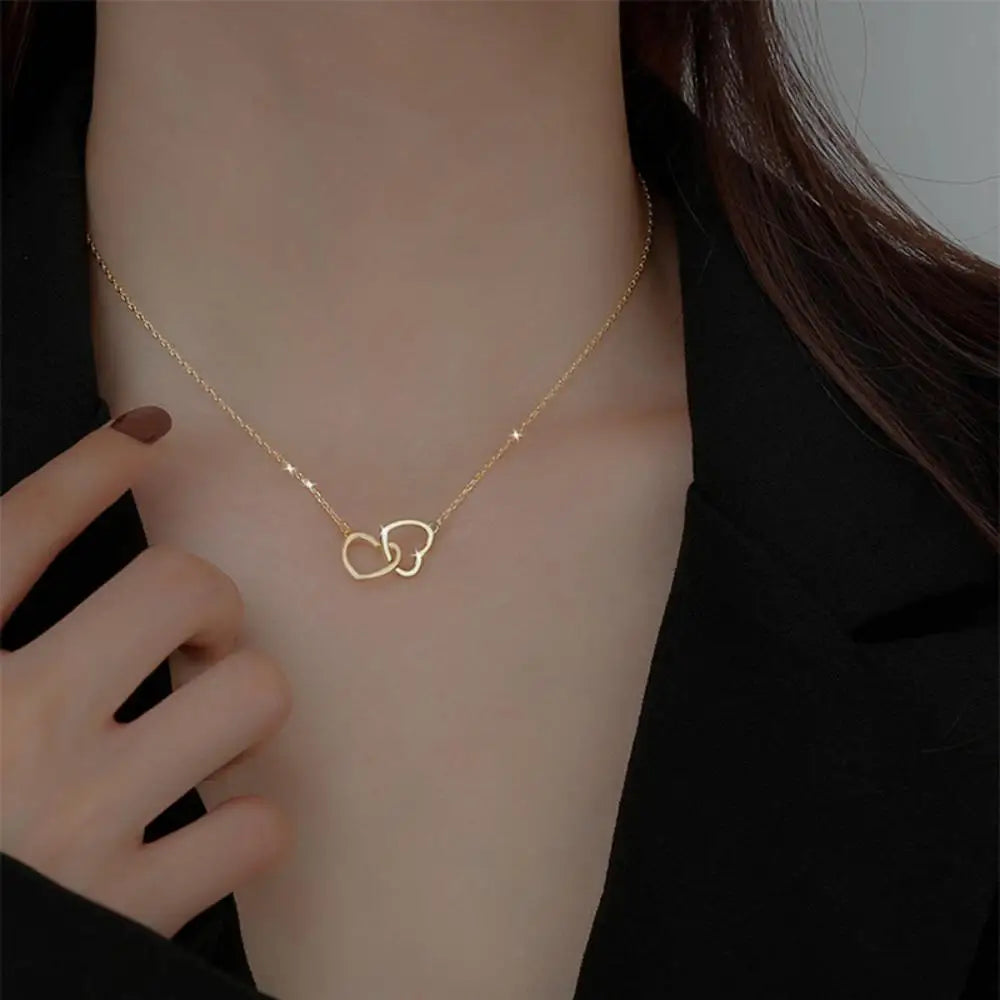Intertwined Hearts Pendant Necklace - Stainless Steel Clavicle Chain