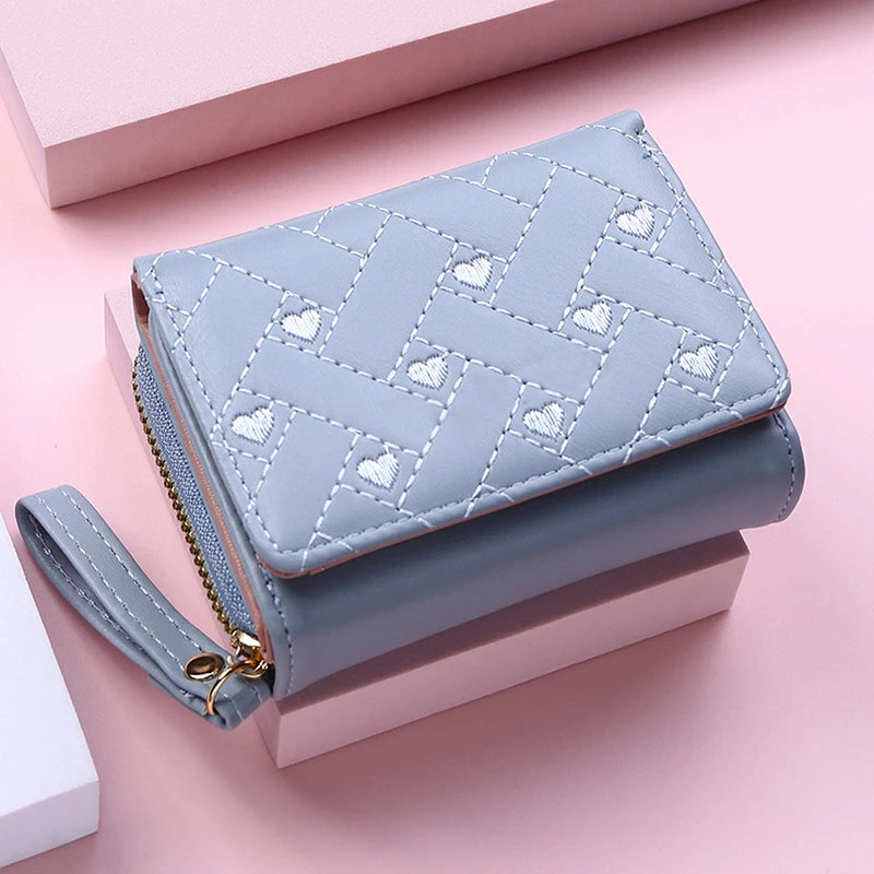 Women's Tri-Fold Wallet - Embroidered Love Pattern PU Leather Card Holder