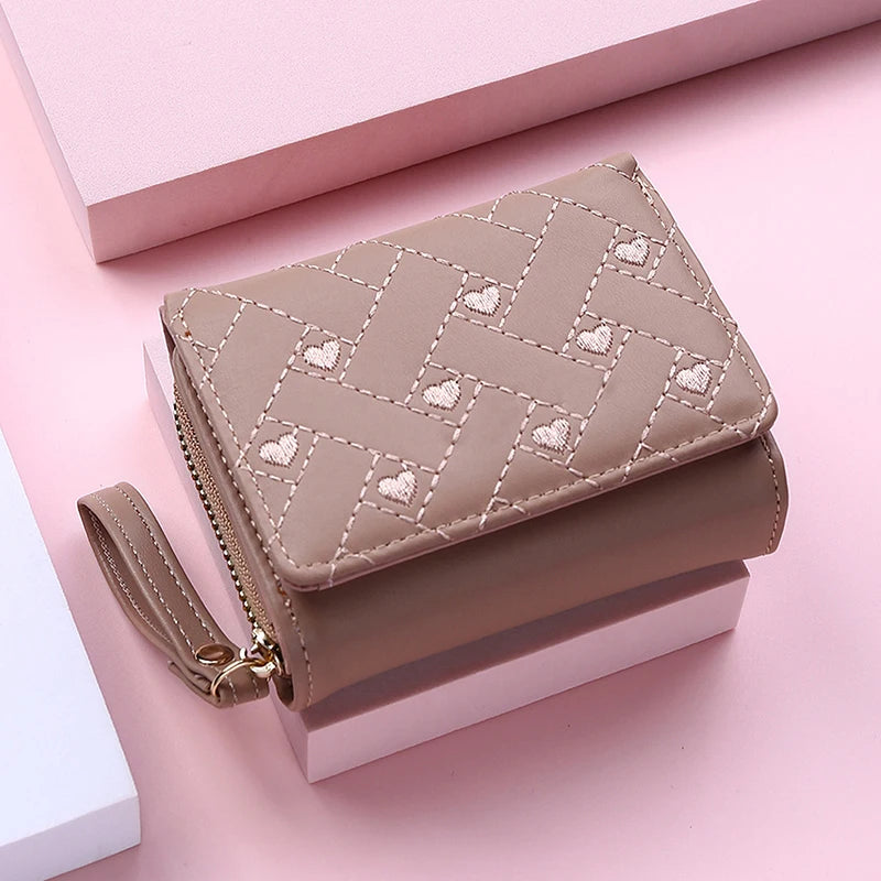 Women's Tri-Fold Wallet - Embroidered Love Pattern PU Leather Card Holder