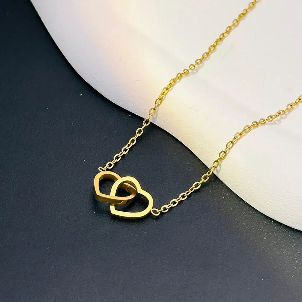 Intertwined Hearts Pendant Necklace - Stainless Steel Clavicle Chain